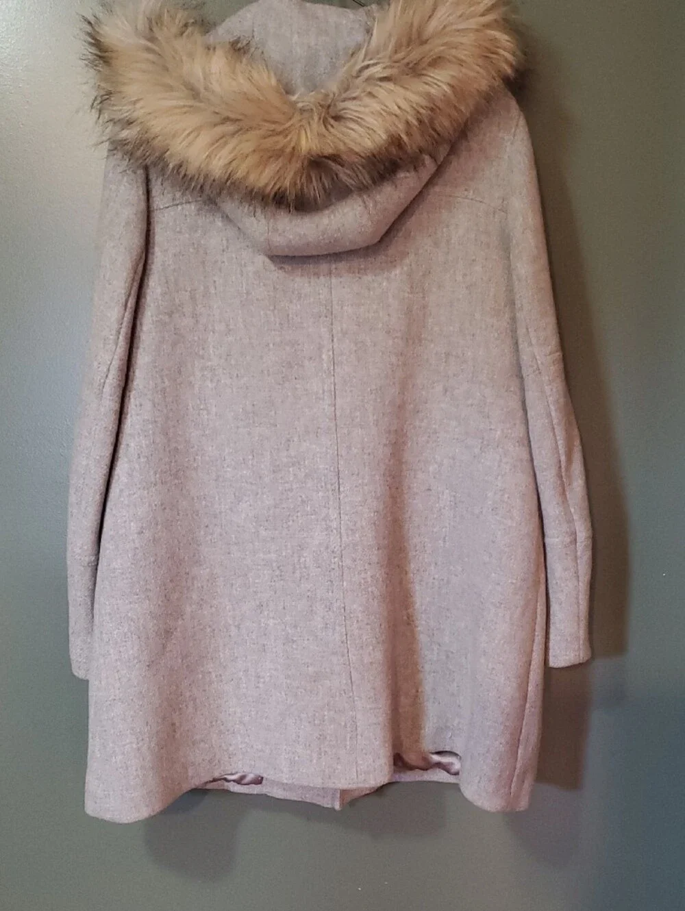 J. Crew Light Gray Wool-Blend Trench Coat with Faux Fur Hood